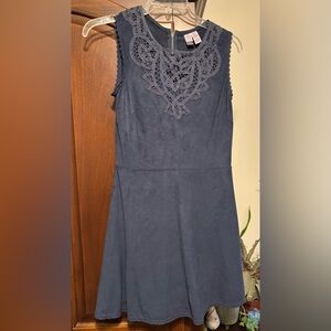 LOVE ON A HANGAR lace front MINI DRESS blue suede look MEDIUM a line